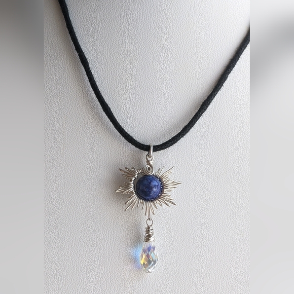 Sterling Silver Lapis Sunburst Pendant Necklace With - Picture 6 of 16
